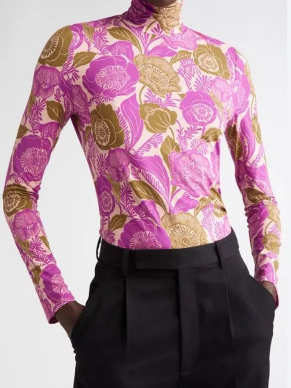 St. John Collection California Poppy Pattern Nuda Turtleneck Top In Bright Coral